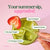 Blume Strawberry Matcha Superfood Iced Latte with a strawberry slice, held by a hand, on a pink background with text about collagen and sugar content.