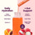 Blume SuperBelly Peach Lychee Gut-Building Hydration Powder being poured into a glass bottle with fruits on a pink background